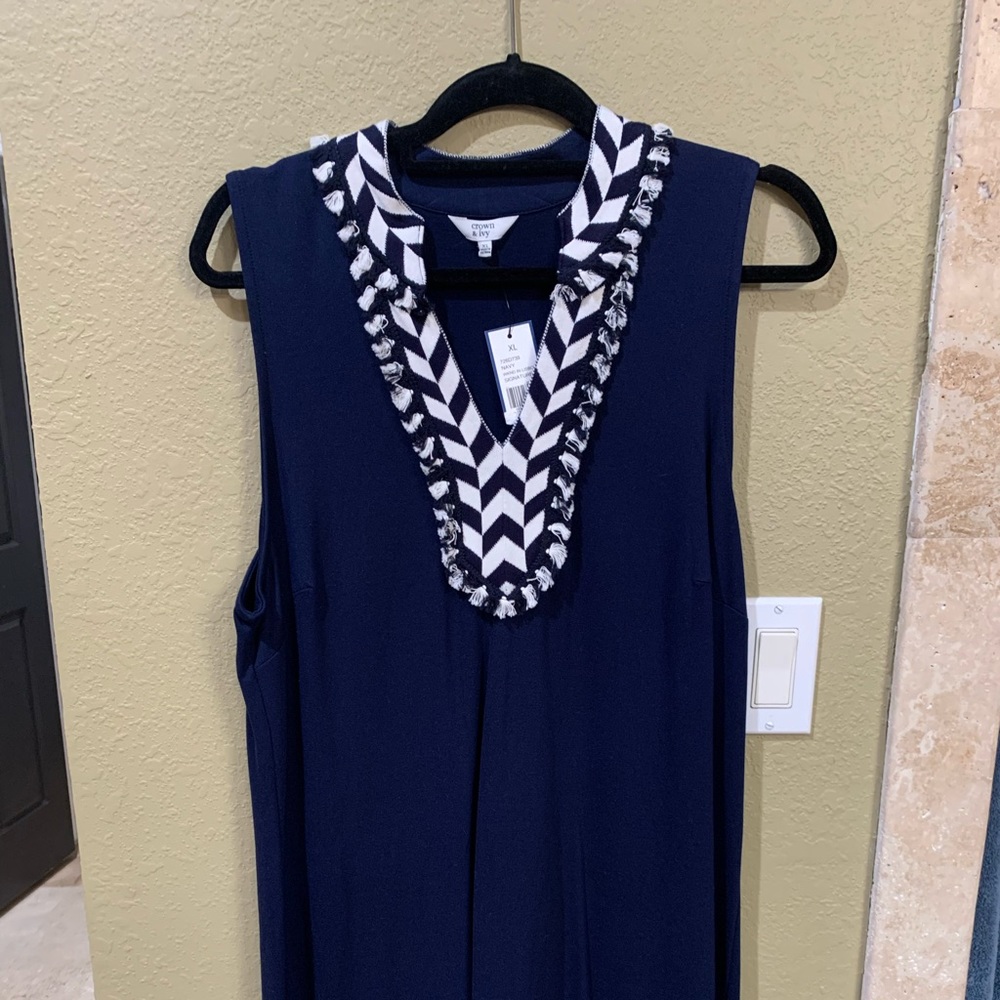 Blue dress with blue and white collar detail